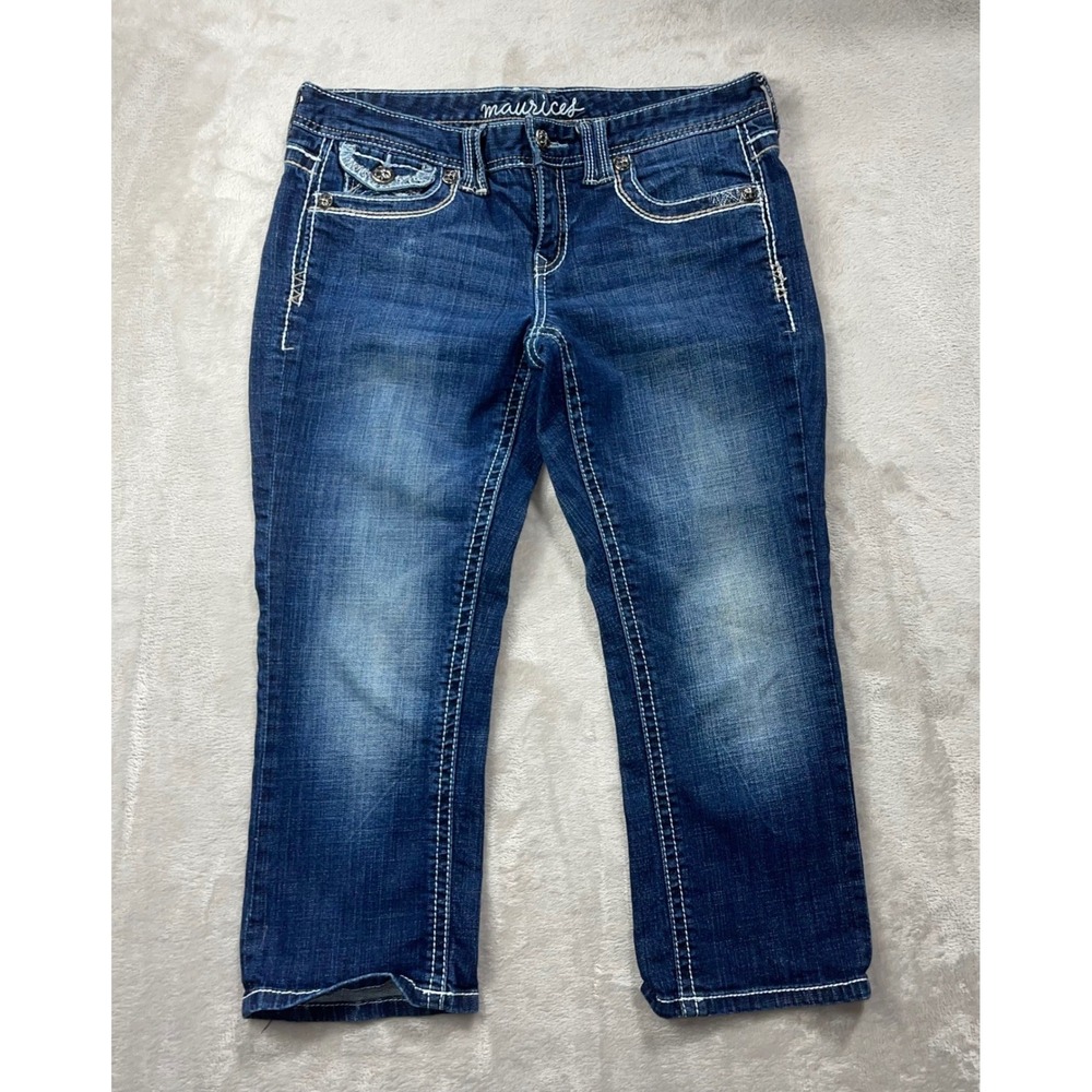Maurices Capri Jeans Women 7/8 Blue Contrast Stitch Embroidered Flap Pocket